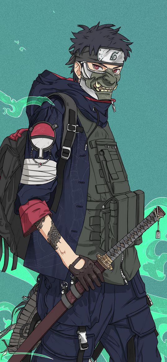 shisui uchiha, naruto, anime, character, mask, sports style, katana, art