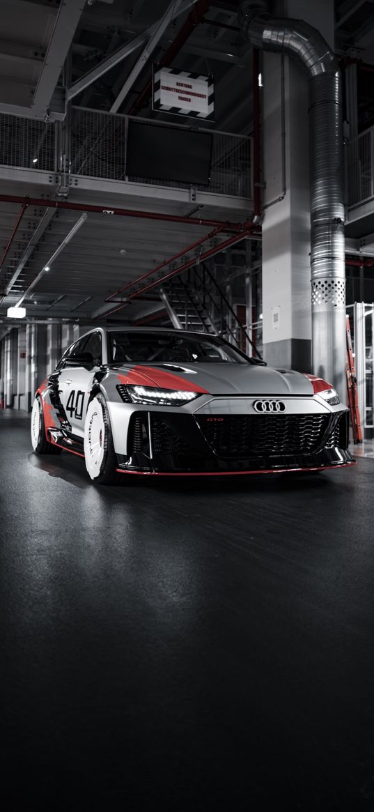 audi rs6, audi, car, grey, red, hangar, dark