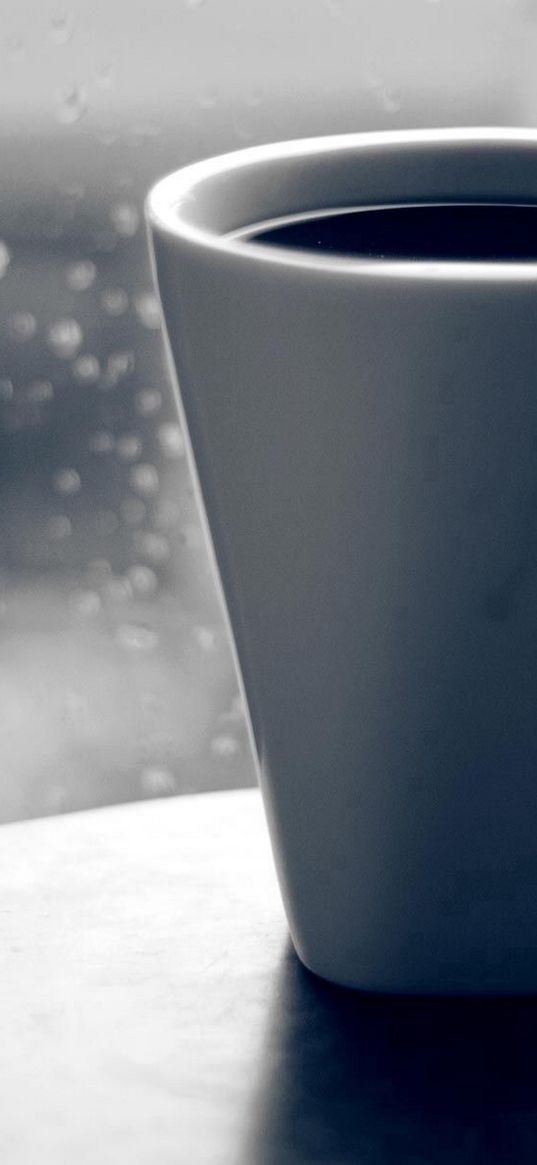 coffee, mug, glass, window, drops, rain, grief, black-and-white