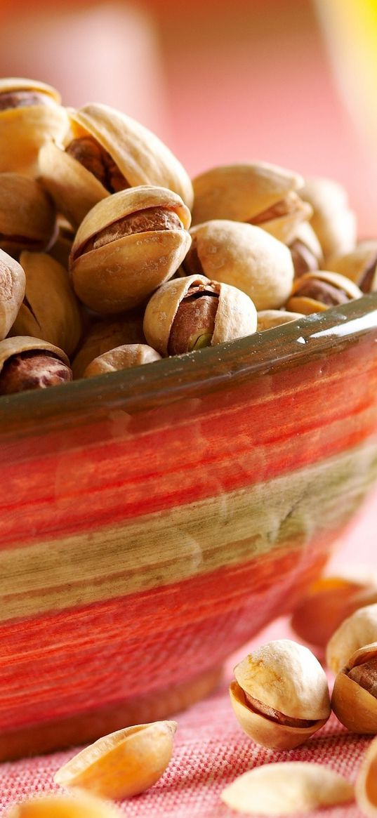 pistachios, nuts, plate, table