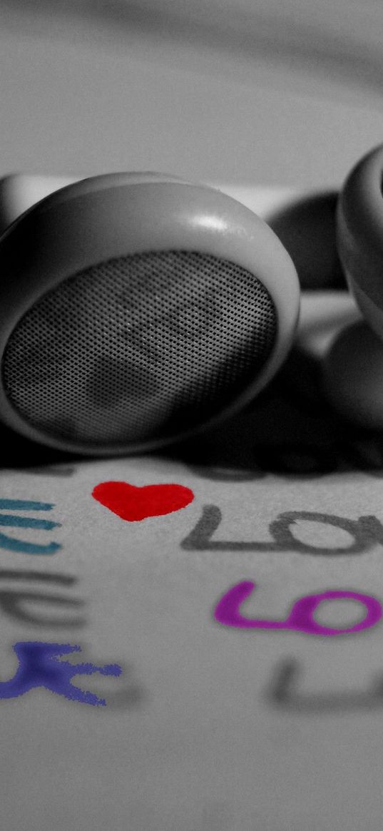 close-up, headphones, love, inscription