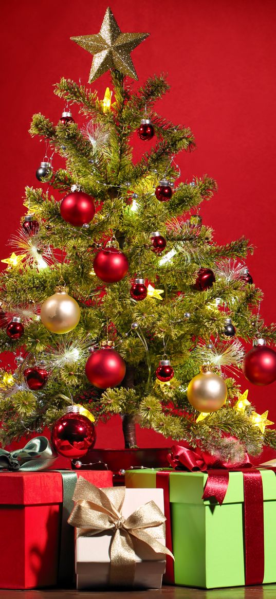 christmas tree, gifts, christmas, new year, holiday, red background