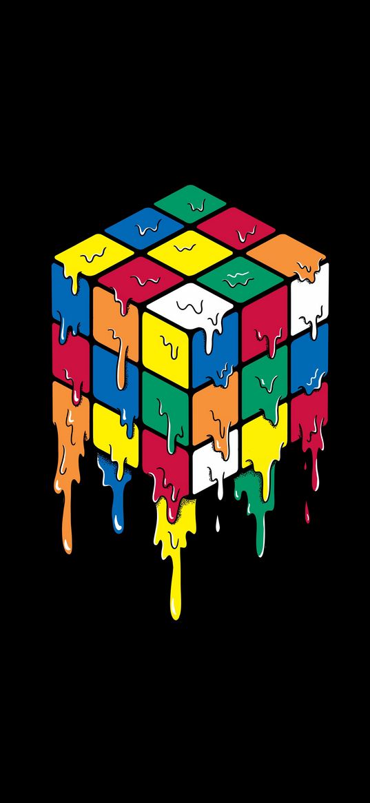 rubik's cube, paints, flow, multicolored, black background, art