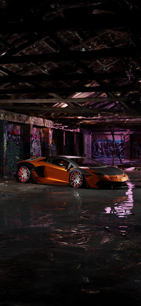 sports car, car, orange, puddles, garage, graffiti