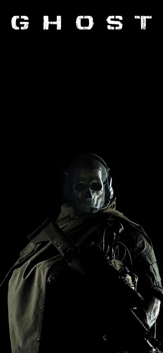 ghost, call of duty, game, soldier, mask, skull, weapon, black background