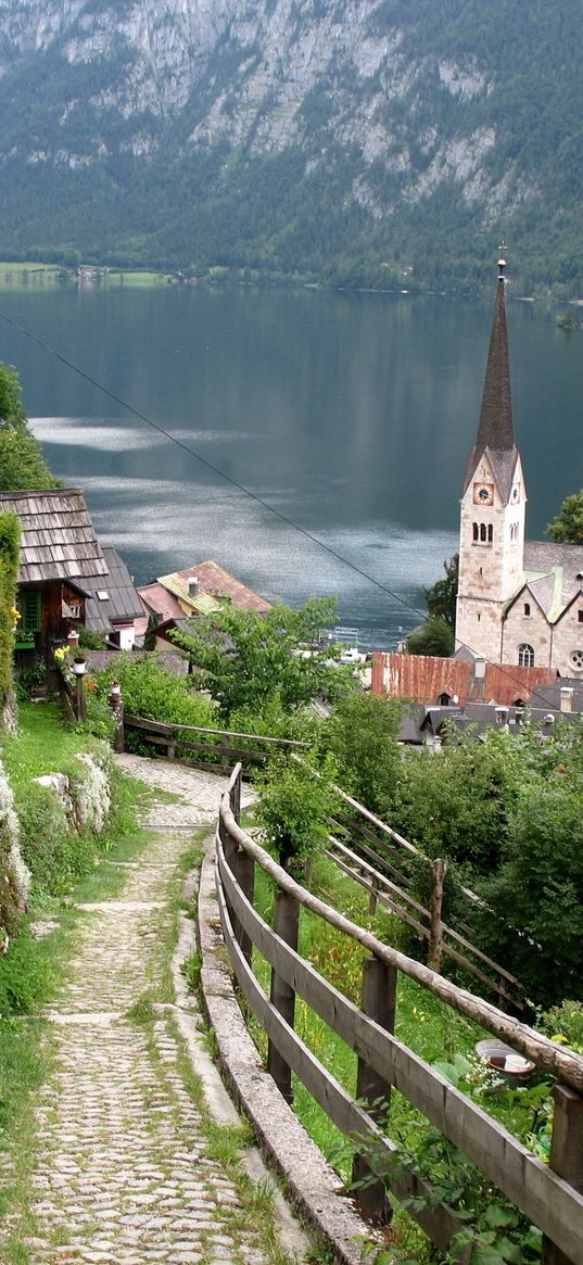 austria, lake, home, structures, mountains