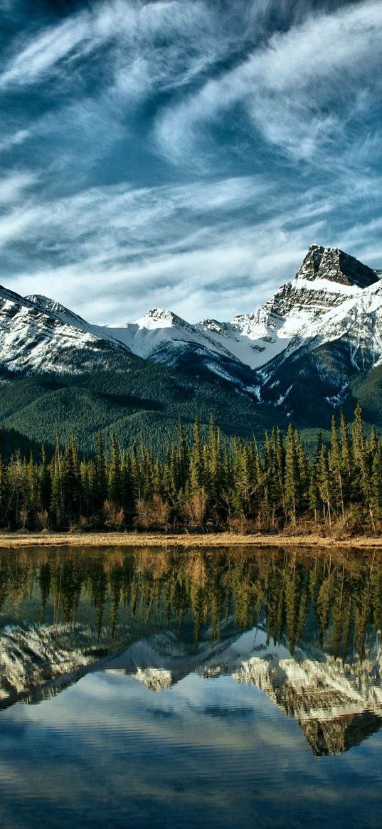 mountains, reflection, wood, canada, colors