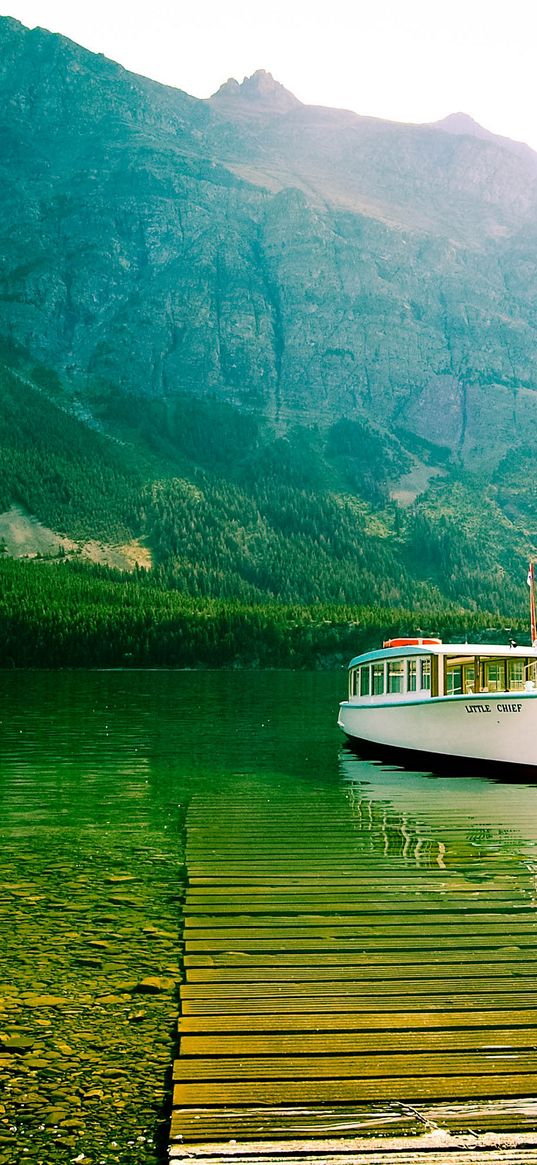 lake, mountains, bottom, transparent, water, boat, walking