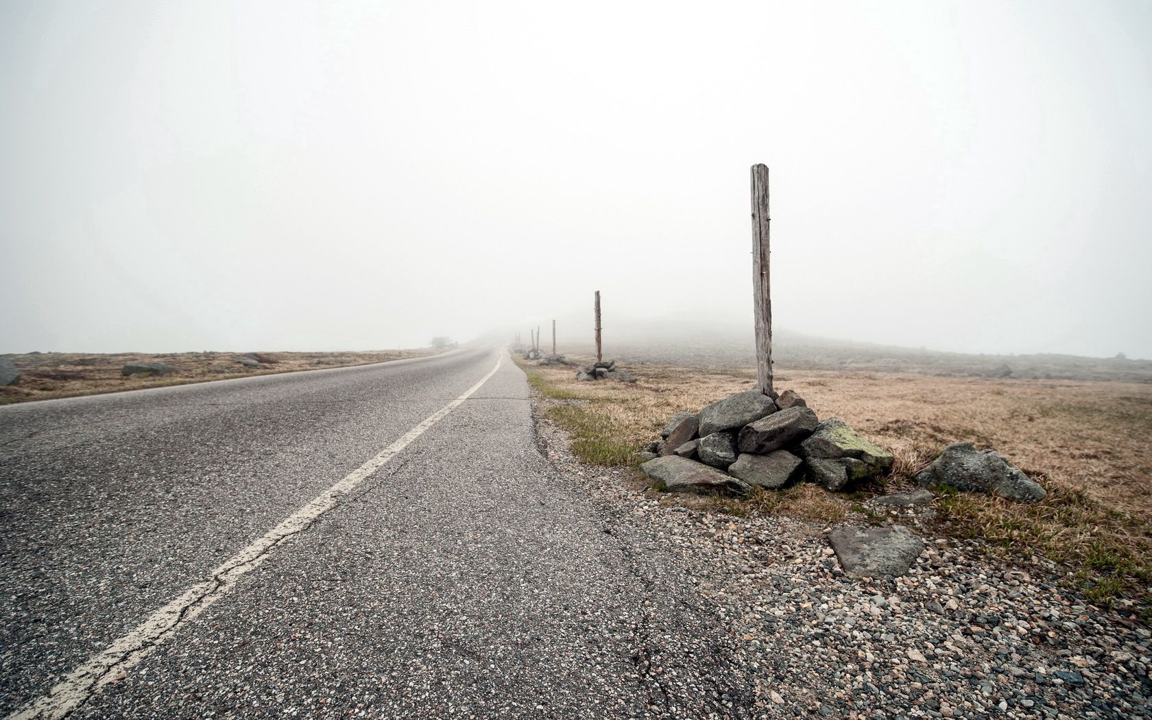 road, asphalt, strip, fog, stones, columns, indexes