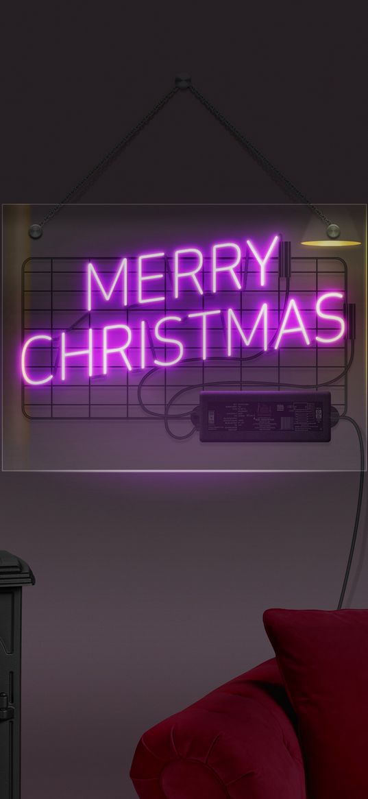 oven, sofa, room, signboard, neon, painting, window, christmas tree, christmas, holiday