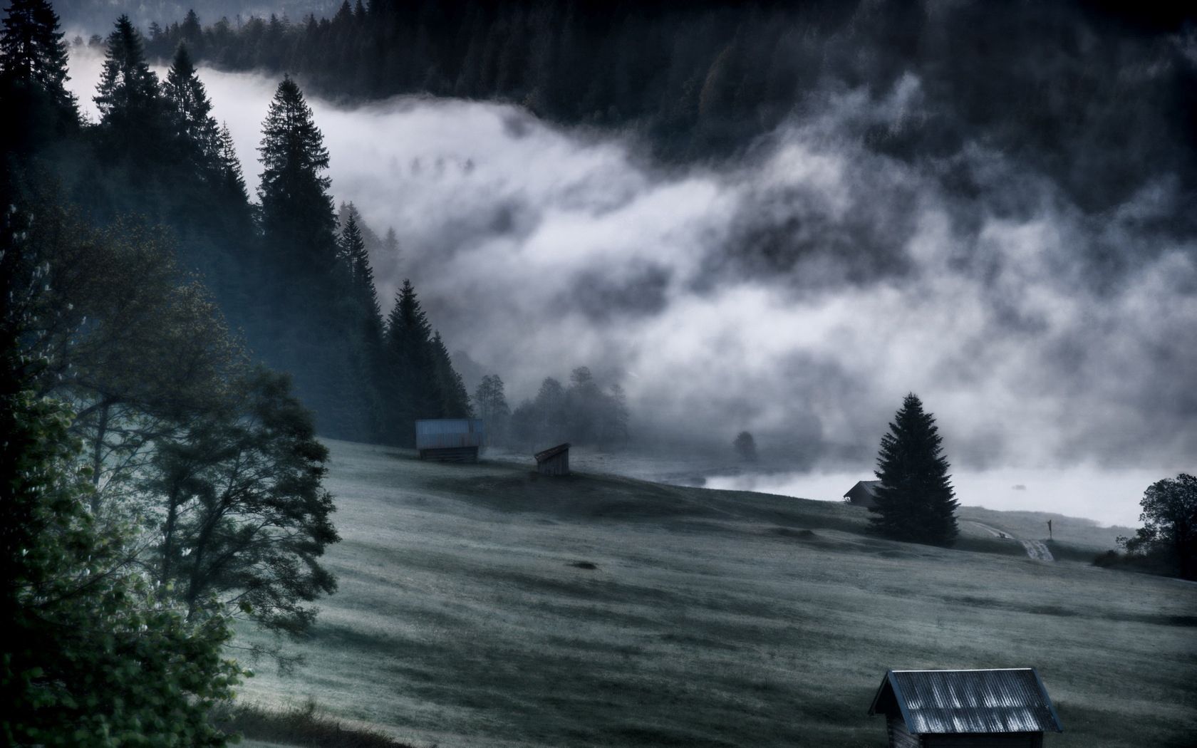 mountains, fog, gloomy, black-and-white