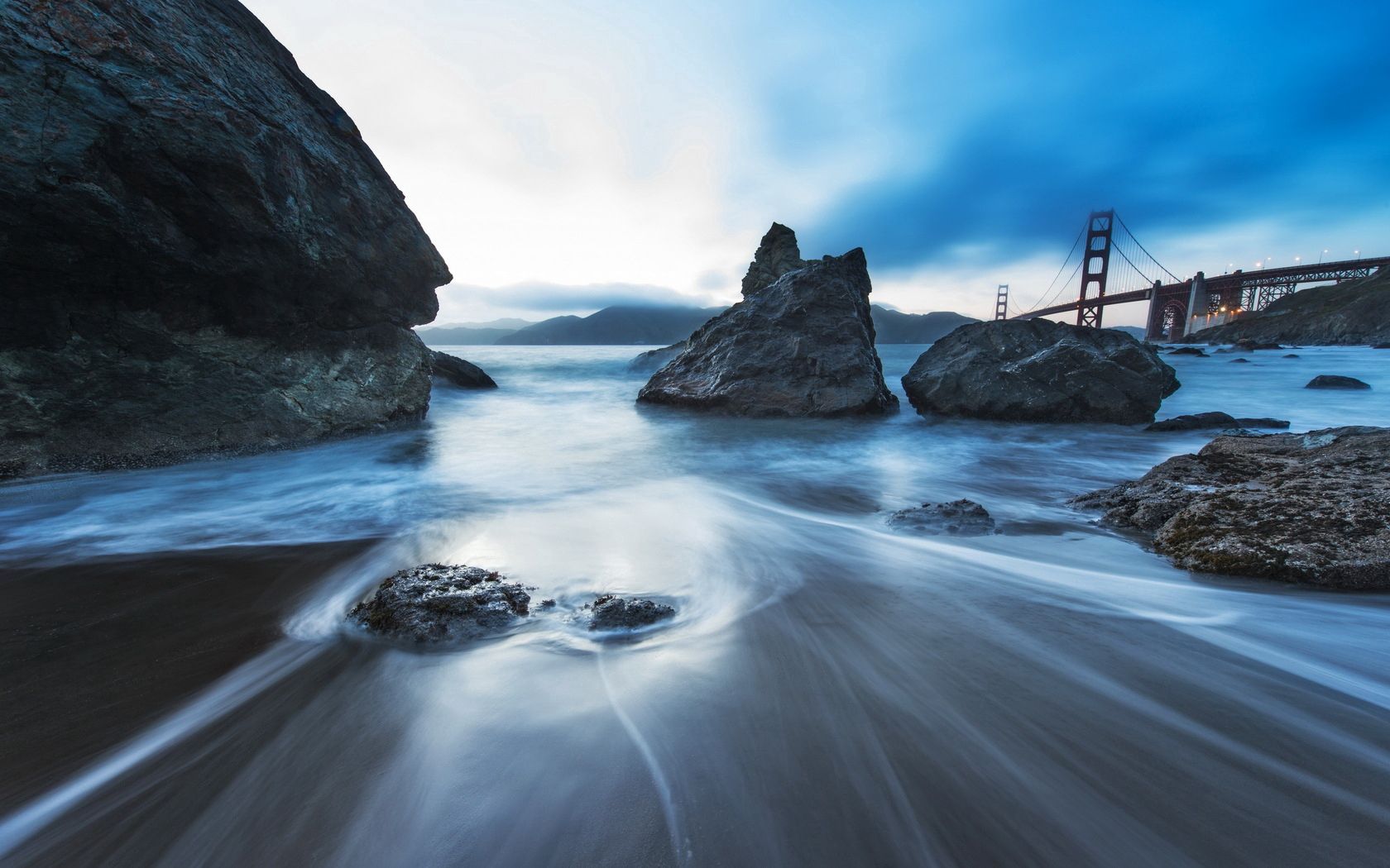 sea, stones, morning, fog, bridge, movement, stream