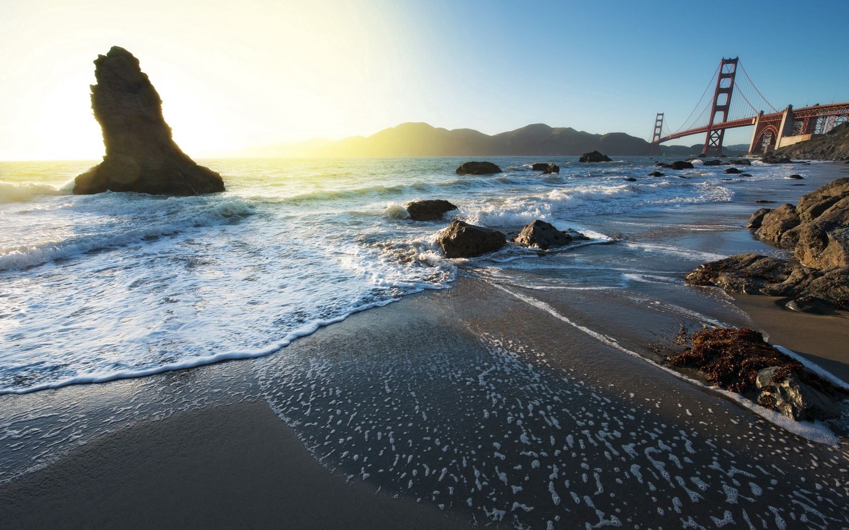 sea, stones, day, bridge, movement, stream, foam