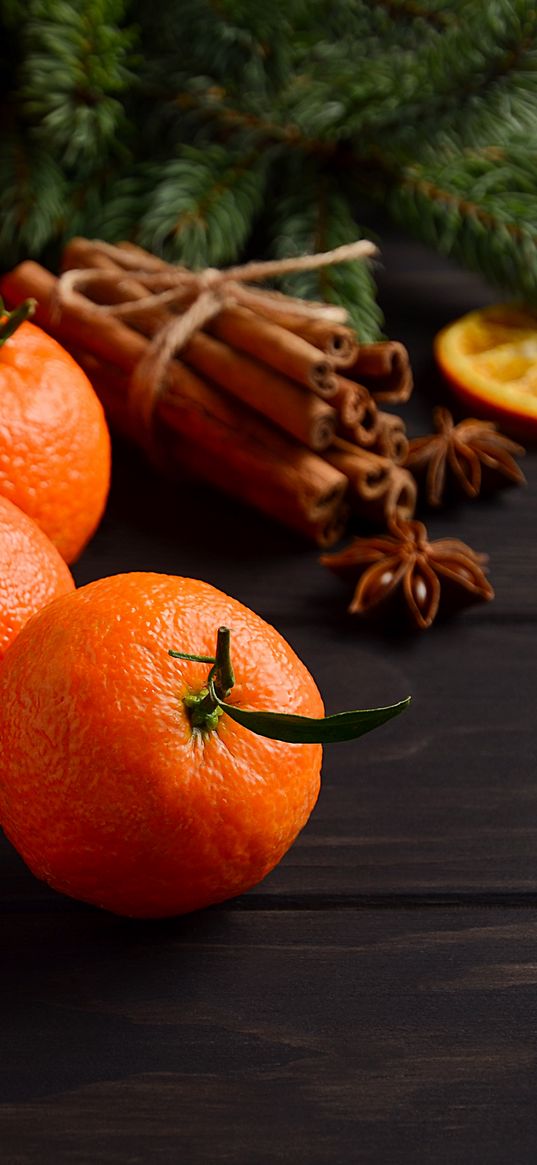 tangerines, fir branches, cinnamon, table, boards, christmas, new year, holiday