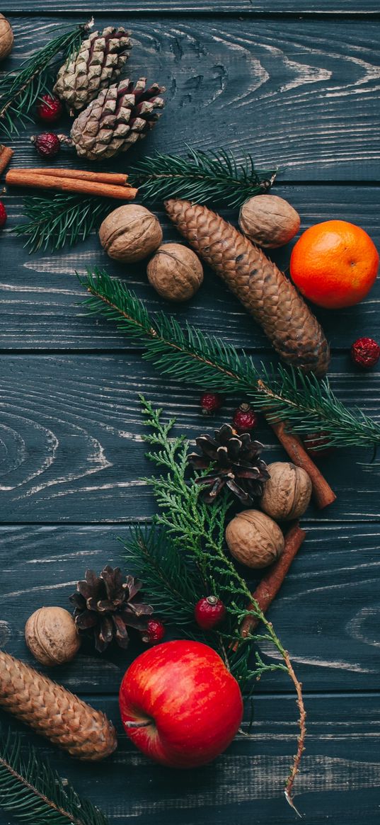 tangerines, apples, fir branches, cones, nuts, cinnamon, table, boards, christmas, new year, holiday