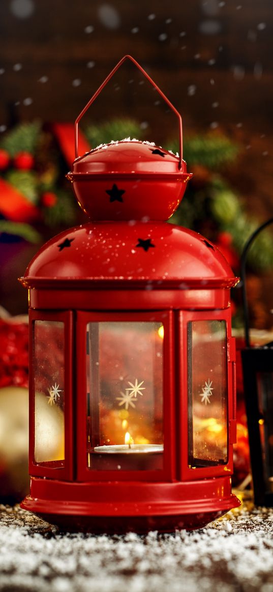 lamp, candle, christmas tree toys, wreath, snow, christmas, new year, holiday