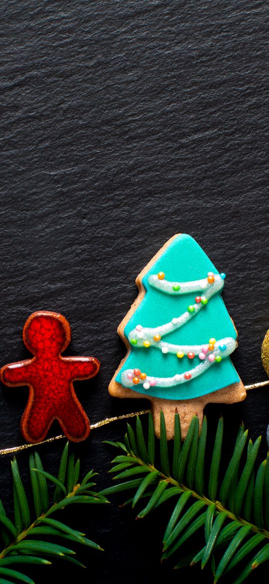 fir branches, christmas toys, gingerbread, cookies, christmas tree, man, christmas, new year, holiday