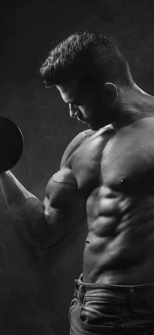 man, body, muscles, dumbbell, black and white, dark background