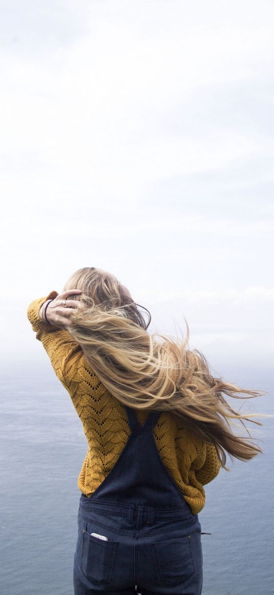 girl, ocean, wind, back, hair, horizon