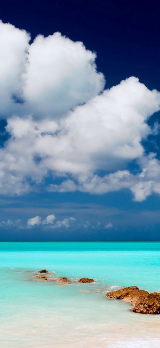 clouds, lagoon, gulf, stones, blue water, sky