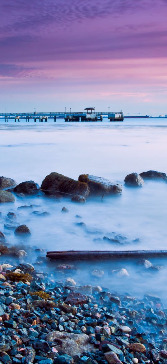 stones, pebble, coast, evening, fog, malaysia, resort