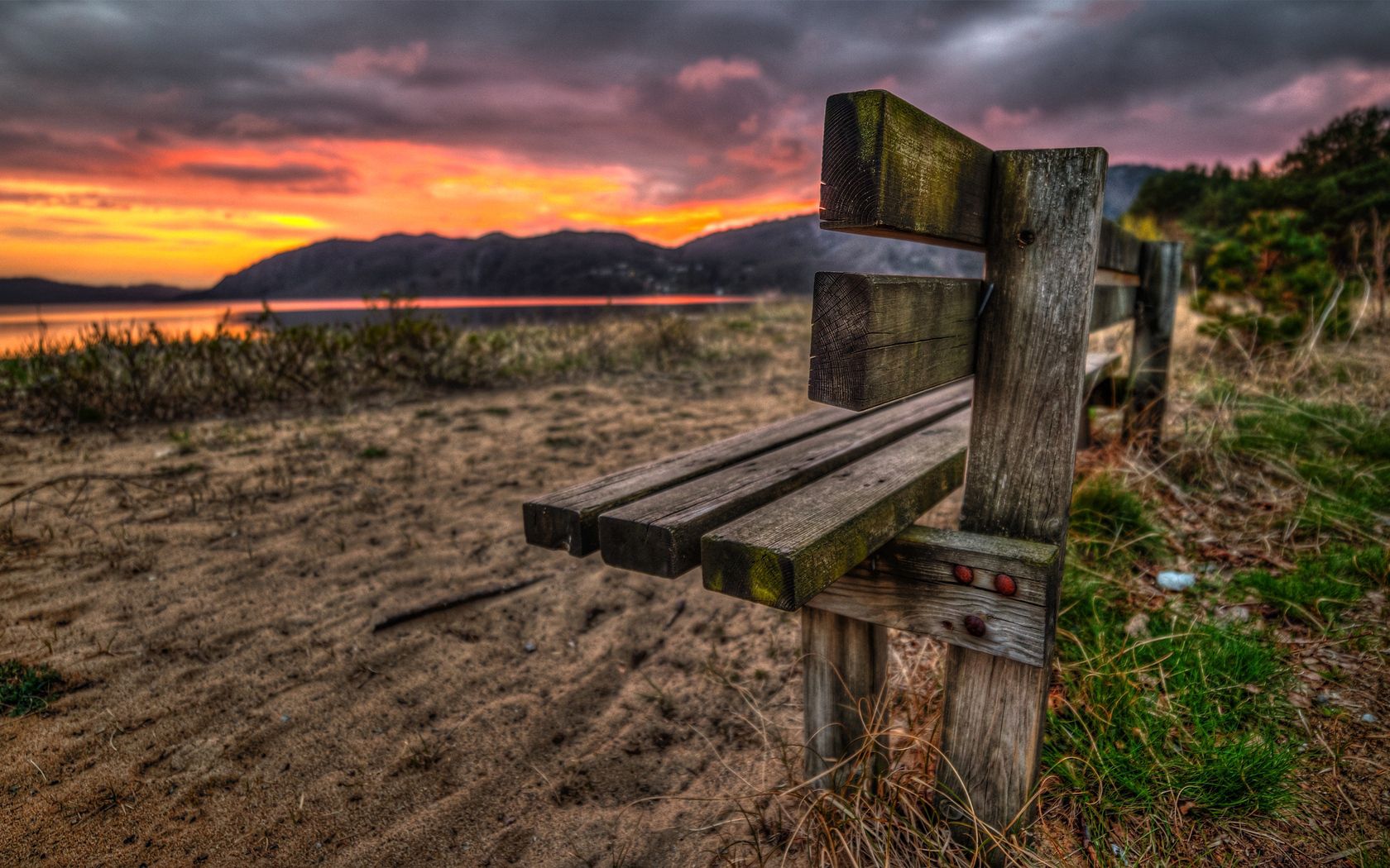 bench, sand, evening, romanticism, decline, lake, grass, nails