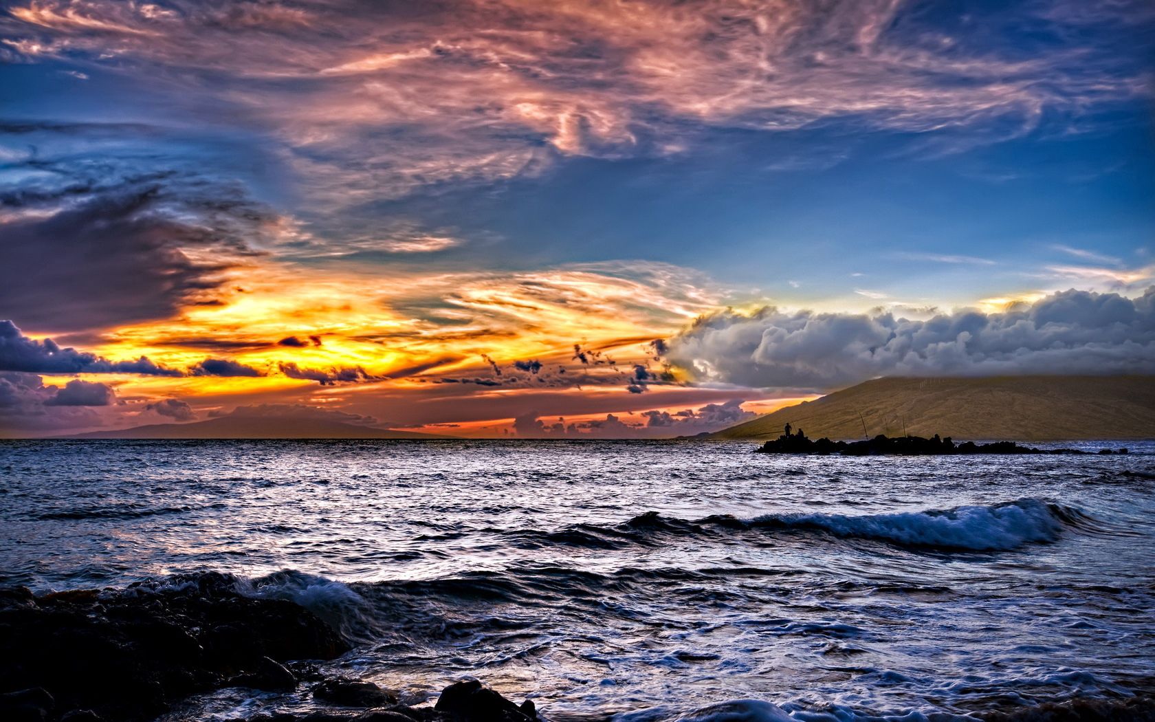 decline, sea, waves, sky, clouds, colors, landscape, patterns