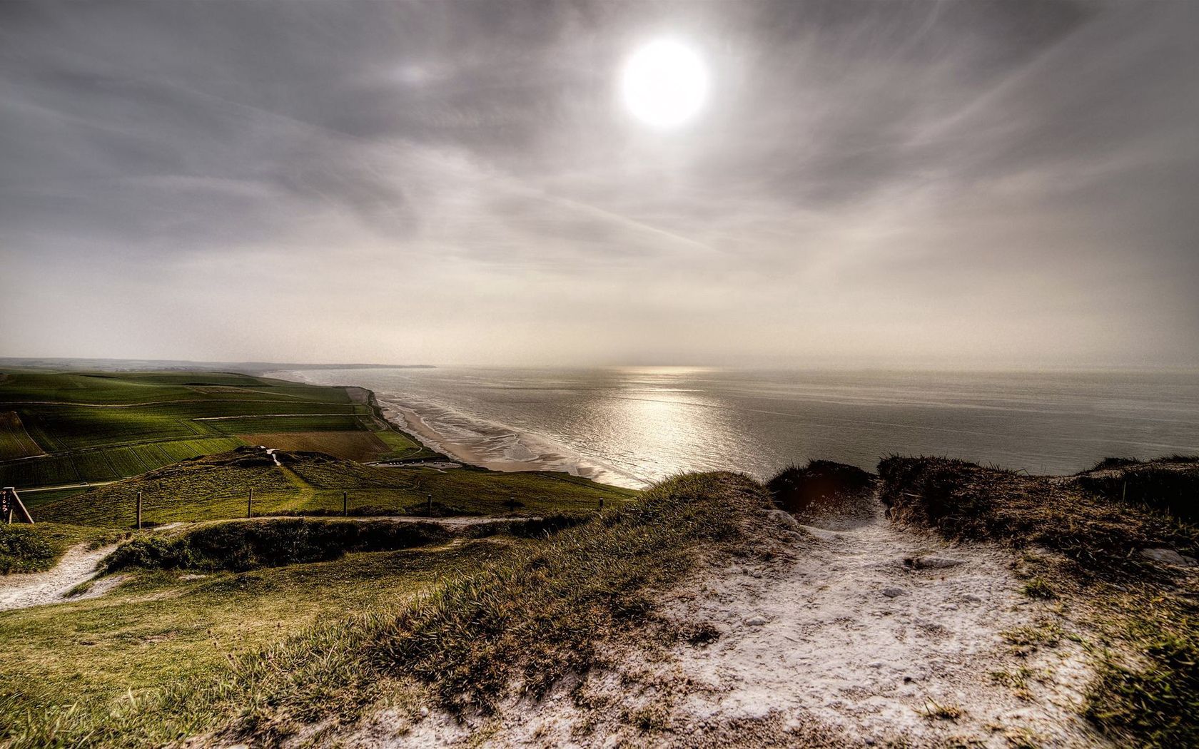 coast, sea, sun, fields, height