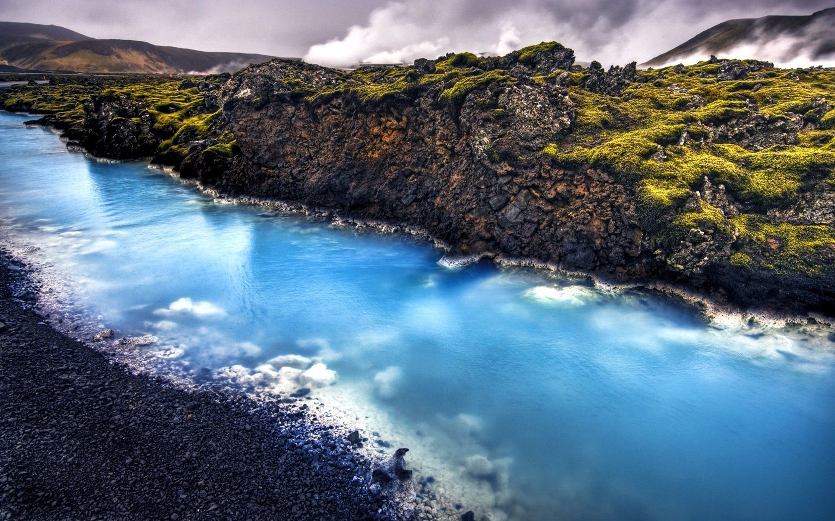 river, stones, blue water, iceland, hot spring