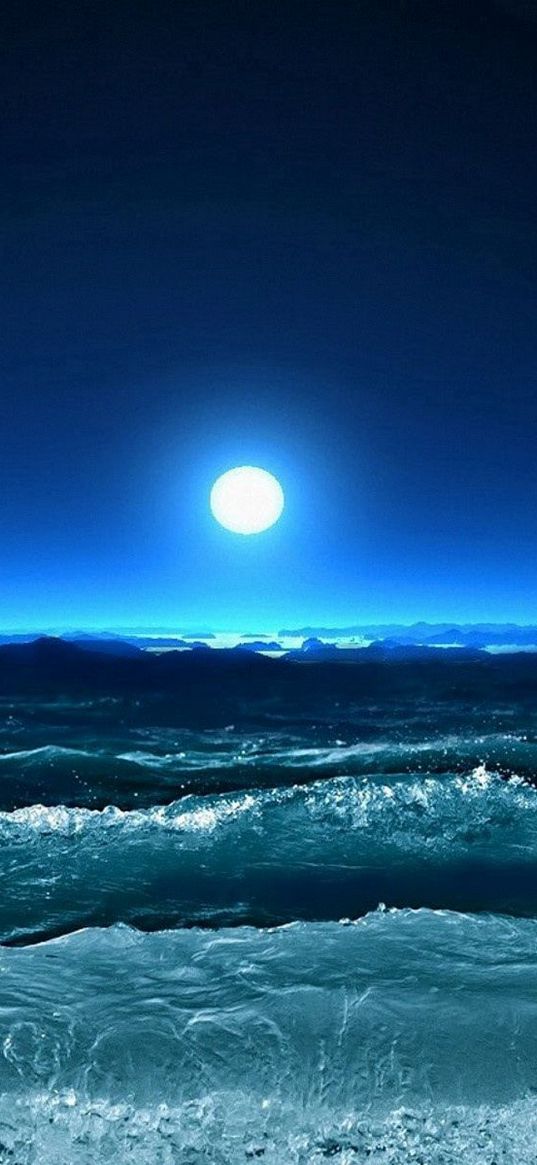 storm, waves, sea, moon, night, art