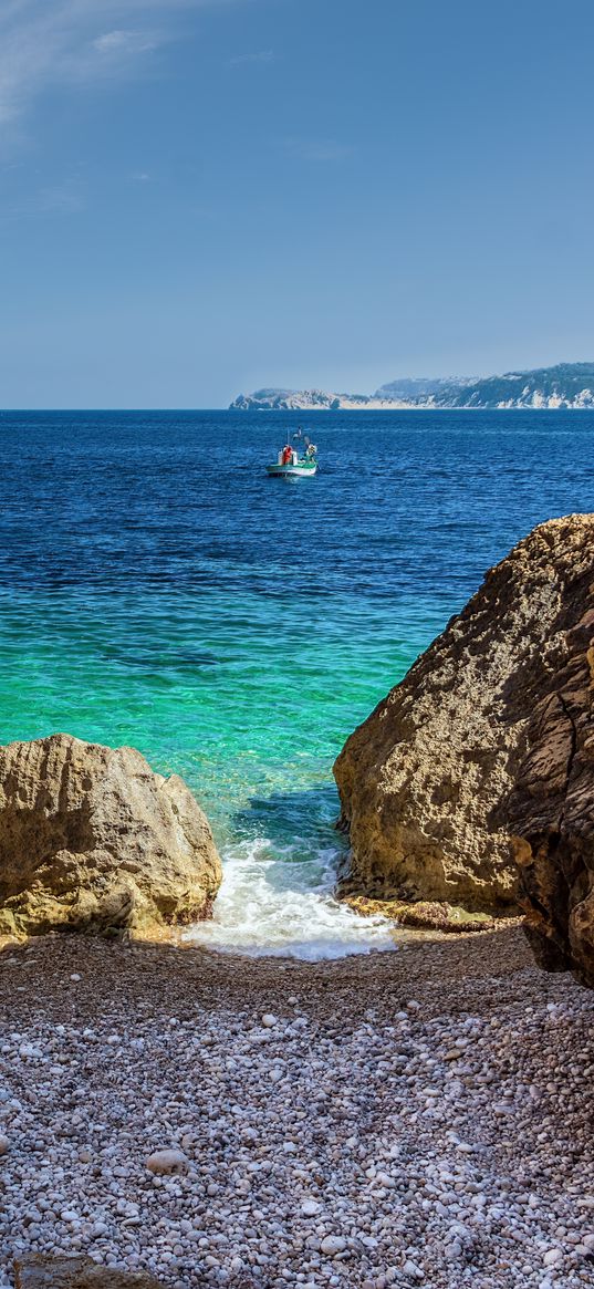 stones, beach, sea, pebbles, boat