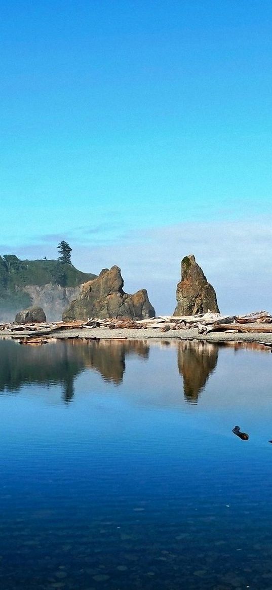 lake, coast, pebble, water, transparent, wood