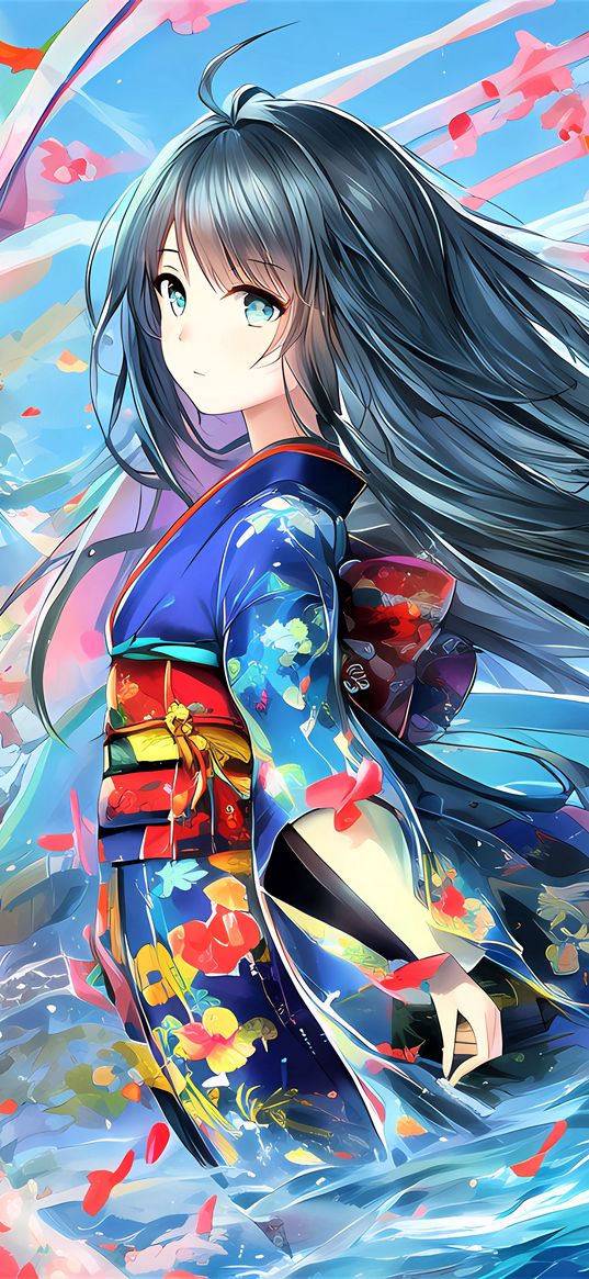 girl, kimono, flowers, wind, anime