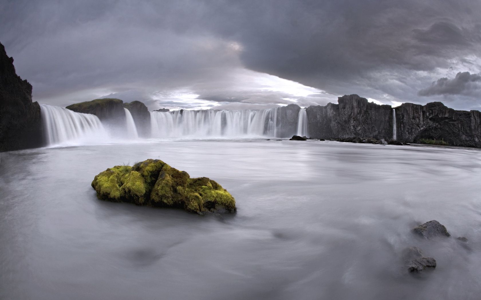 falls, stone, moss, cloudy