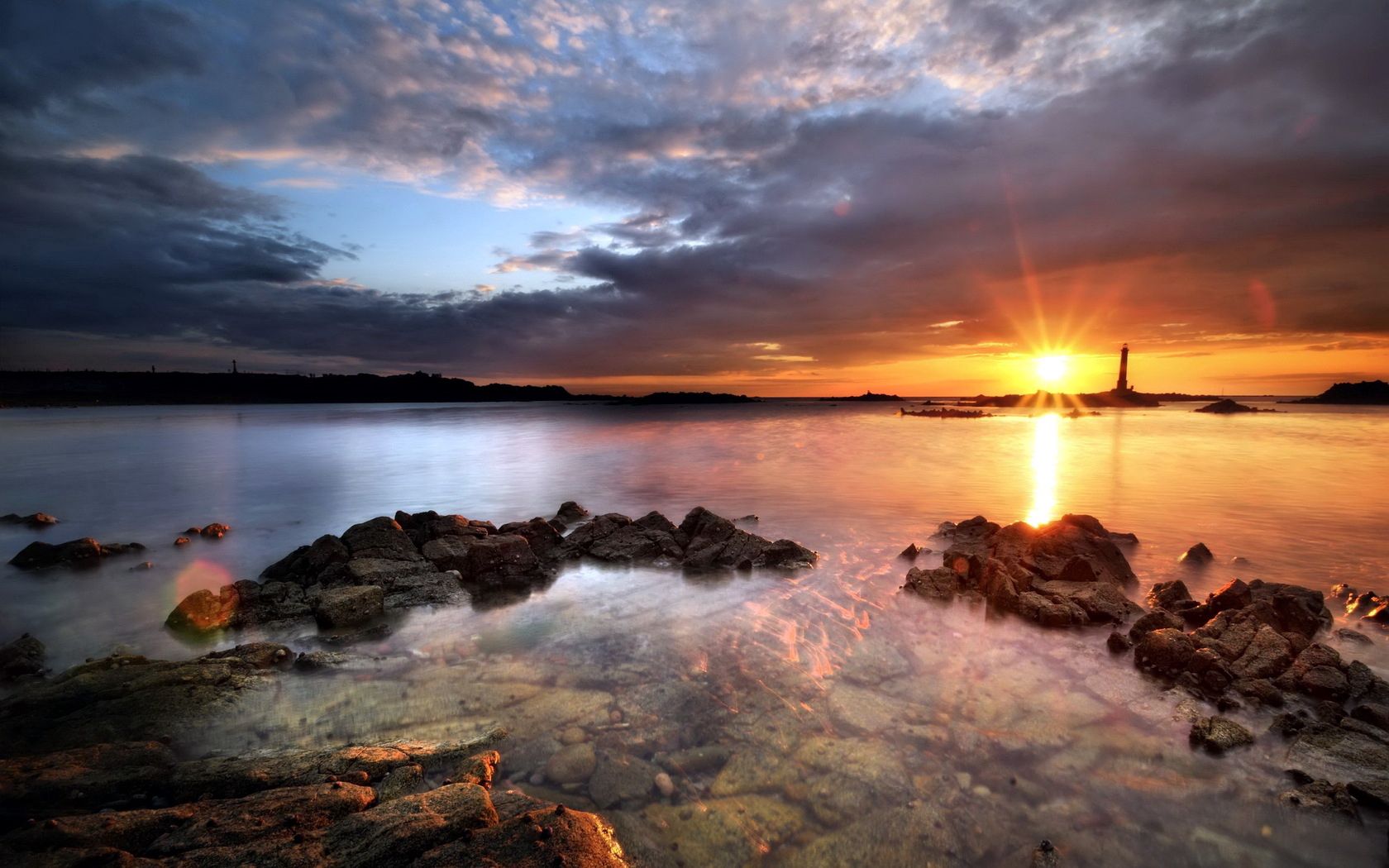 sea, stones, water, transparent, decline, evening, sky, beacon