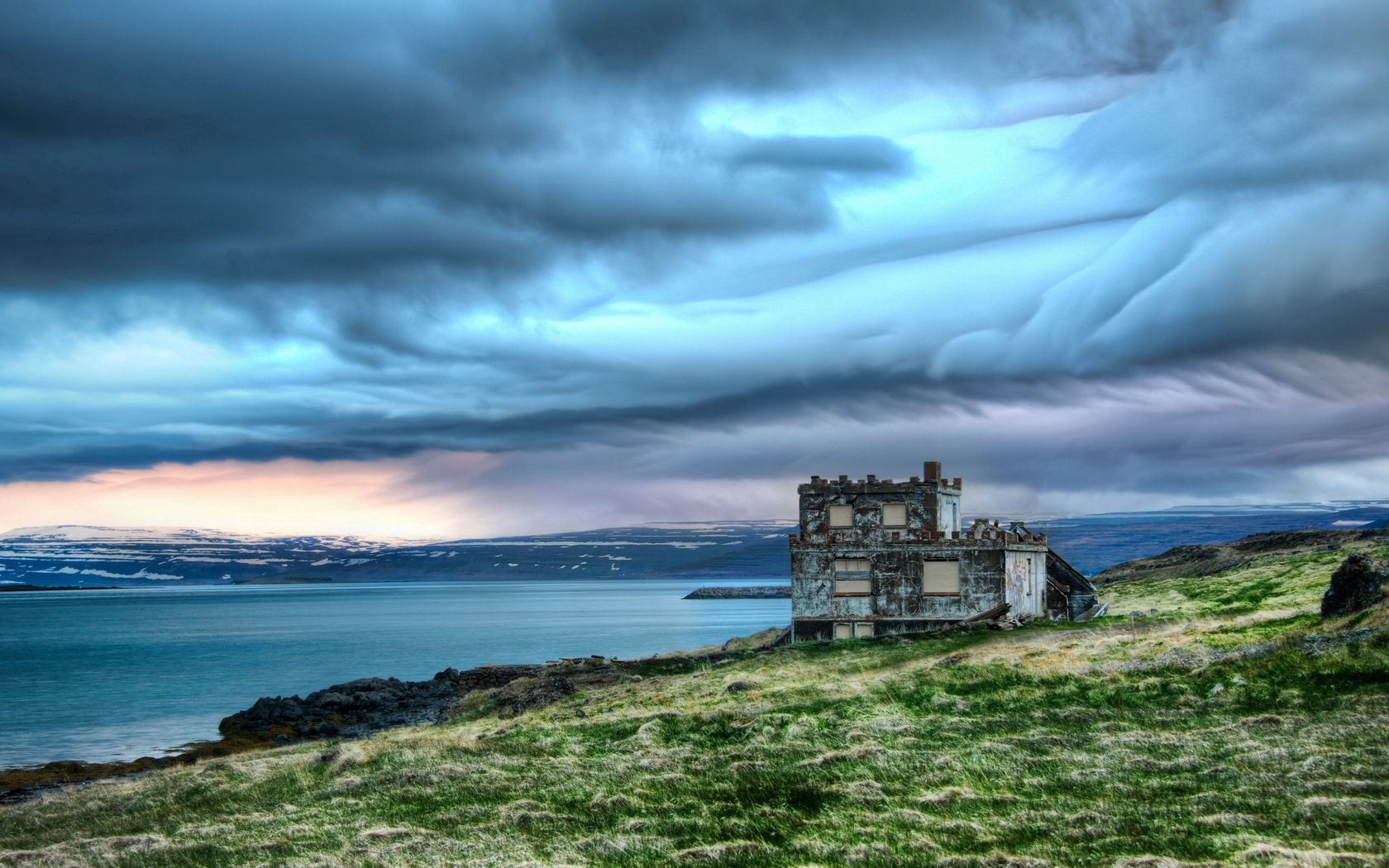 structure, coast, sea, clouds, cloudy