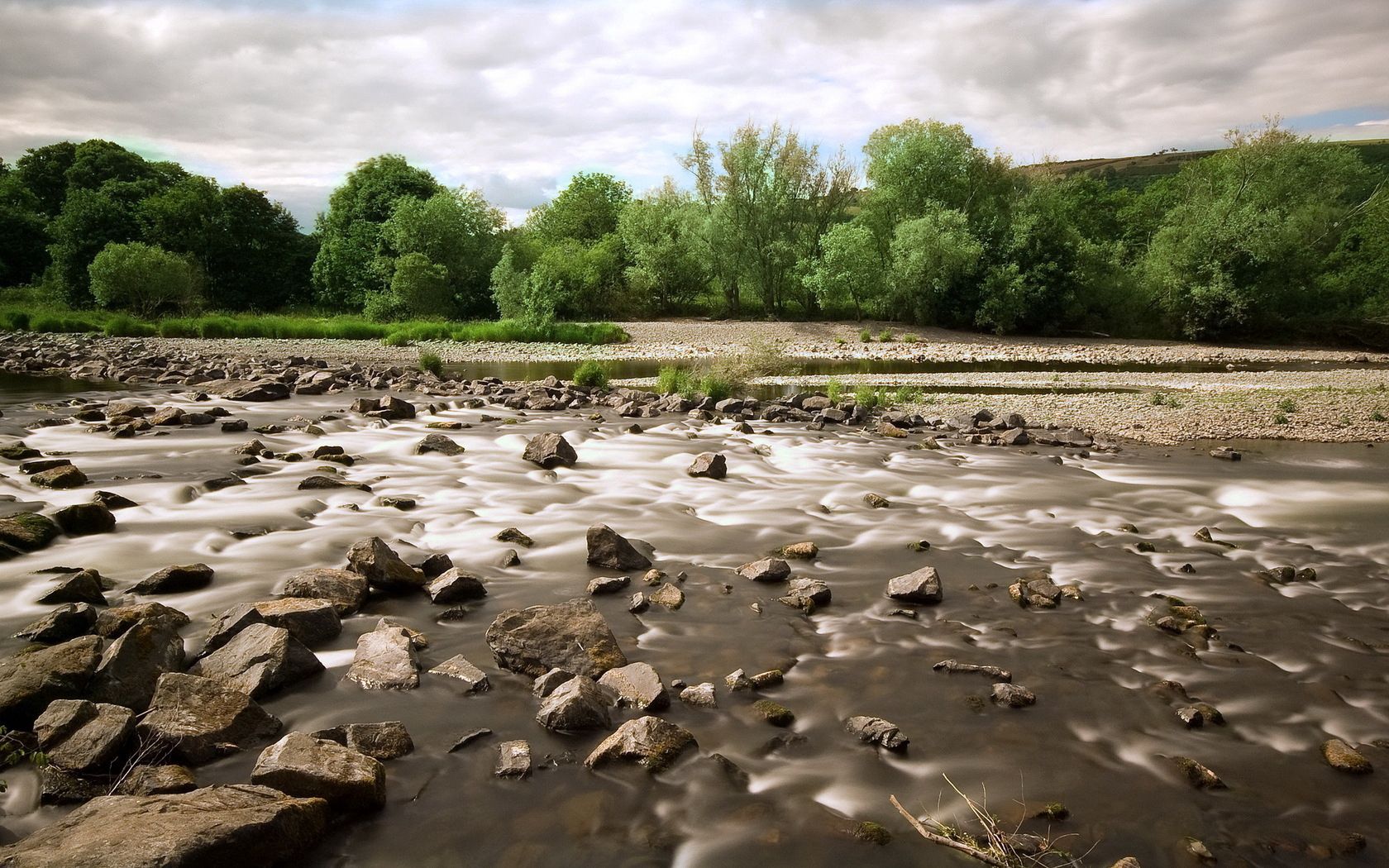 stones, mountain river, trees