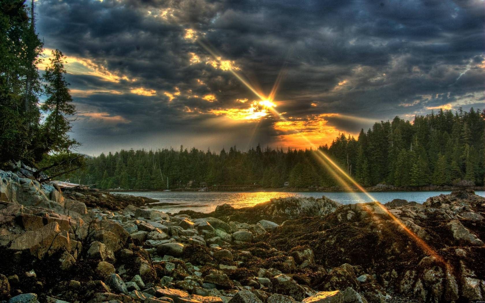 stones, evening, sun, beams, clouds, wood, lake, cloudy