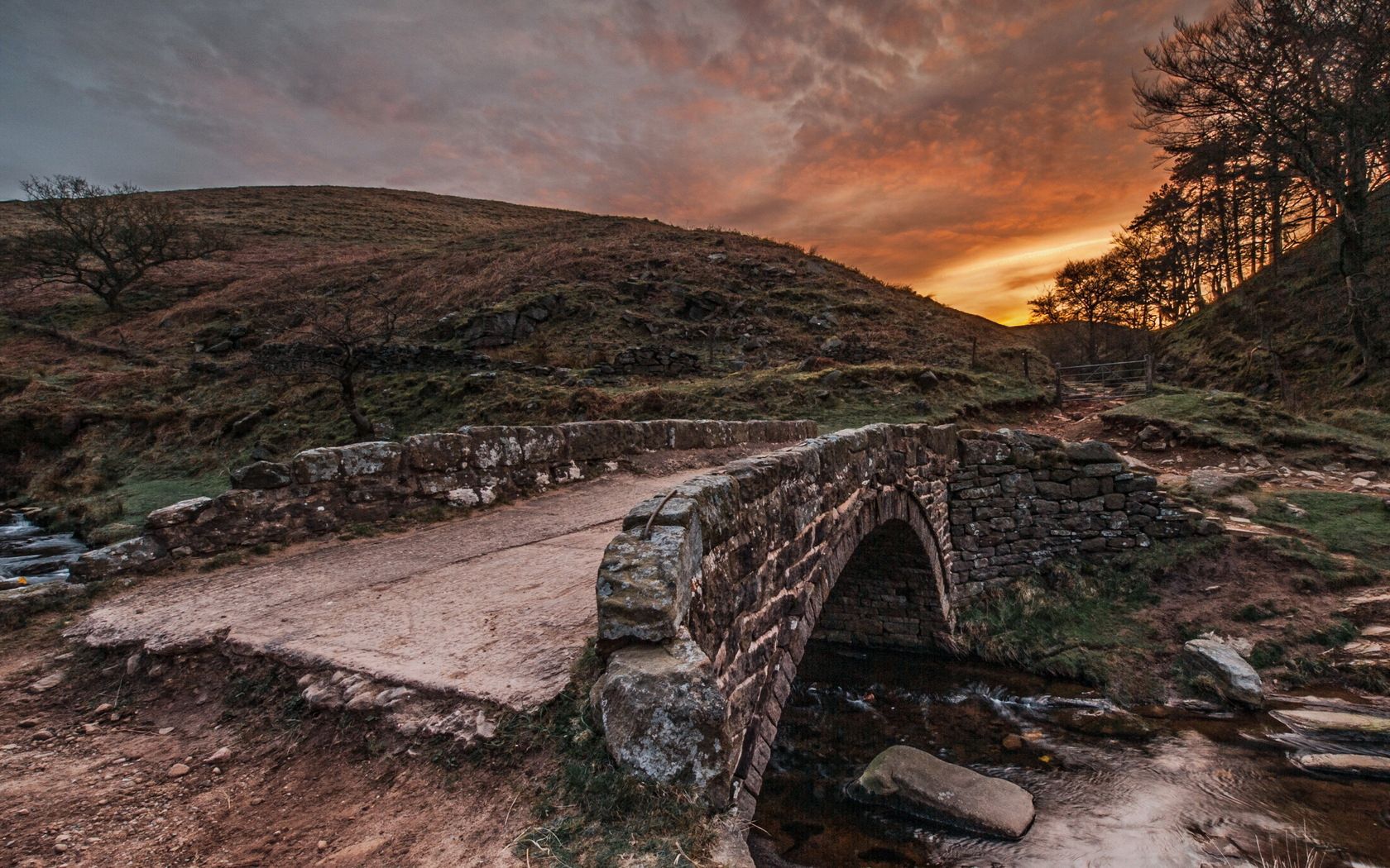 bridge, mountain river, evening, paints, colors, decline, stone