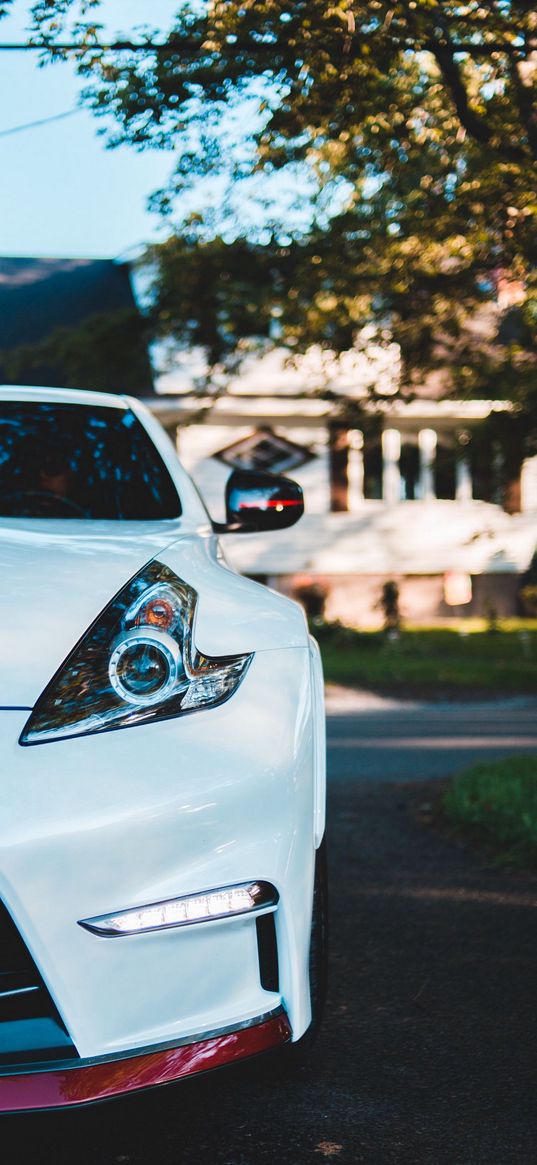 nissan 370z, nissan, sports car, car, white, houses, street