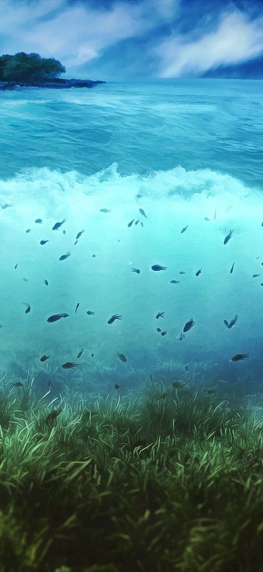 water, island, fishes, sea, bottom, vegetation, underwater world, art