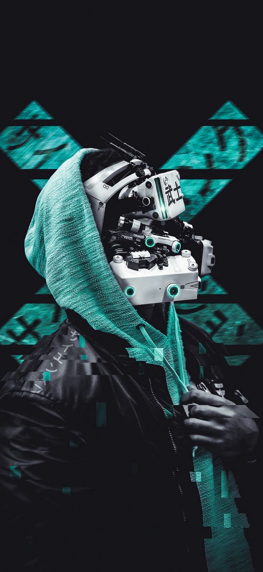 cyborg, robot, guy, jacket, hoodie, hood, cross, black, green