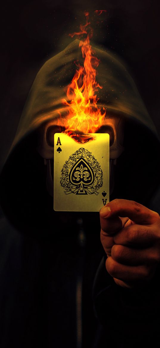 man, mask, skull, hoodie, hood, card, ace, fire, dark background