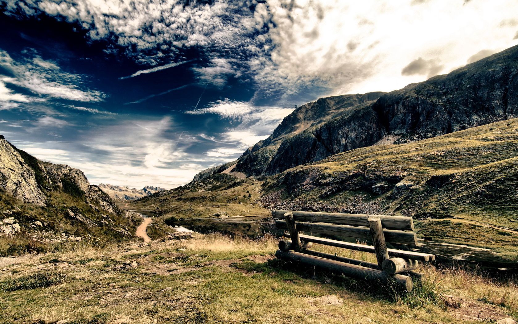 bench, mountains, sky, clouds, air, paints, colors