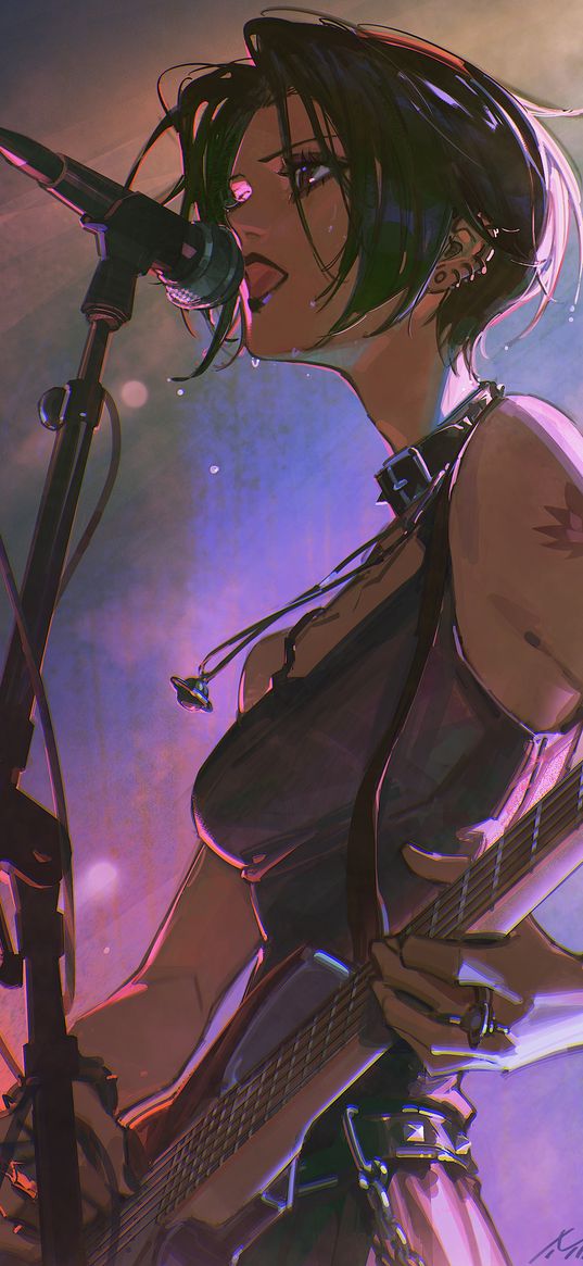 girl, singer, microphone, guitar, stage, anime, art