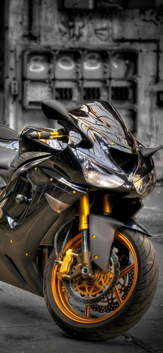 motorcycle, bike, black, gold