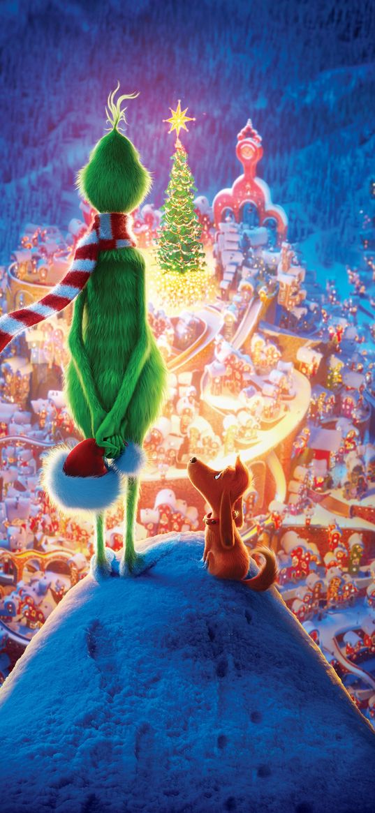 grinch, cartoon, dog, top, christmas tree, city, christmas, art