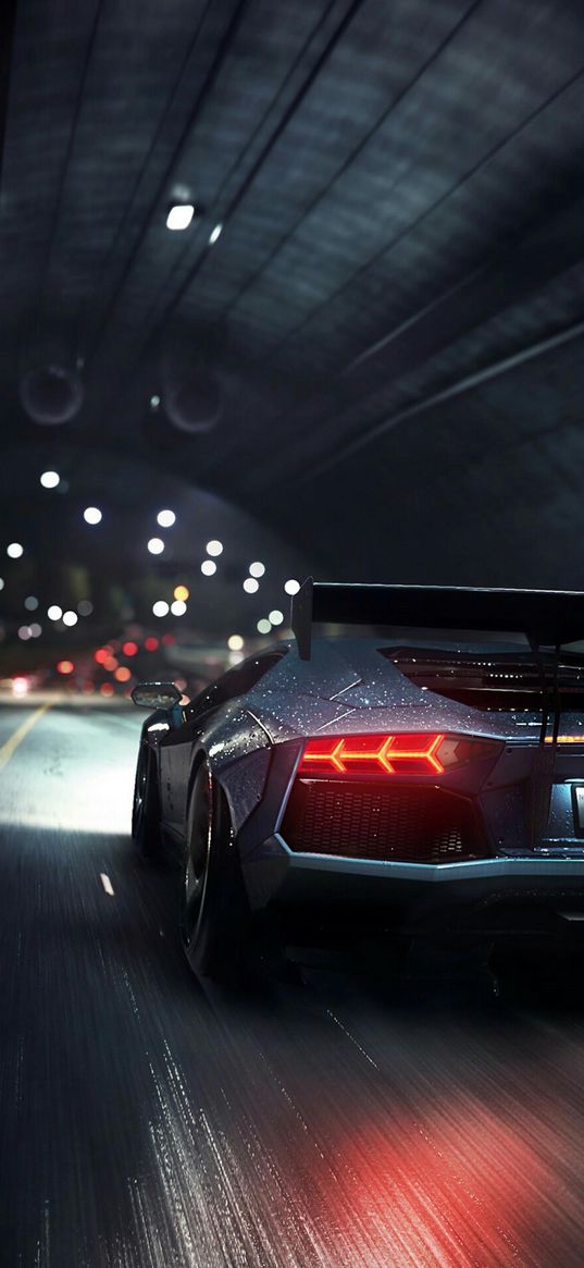 sports car, car, gray, tunnel, speed, lights, night