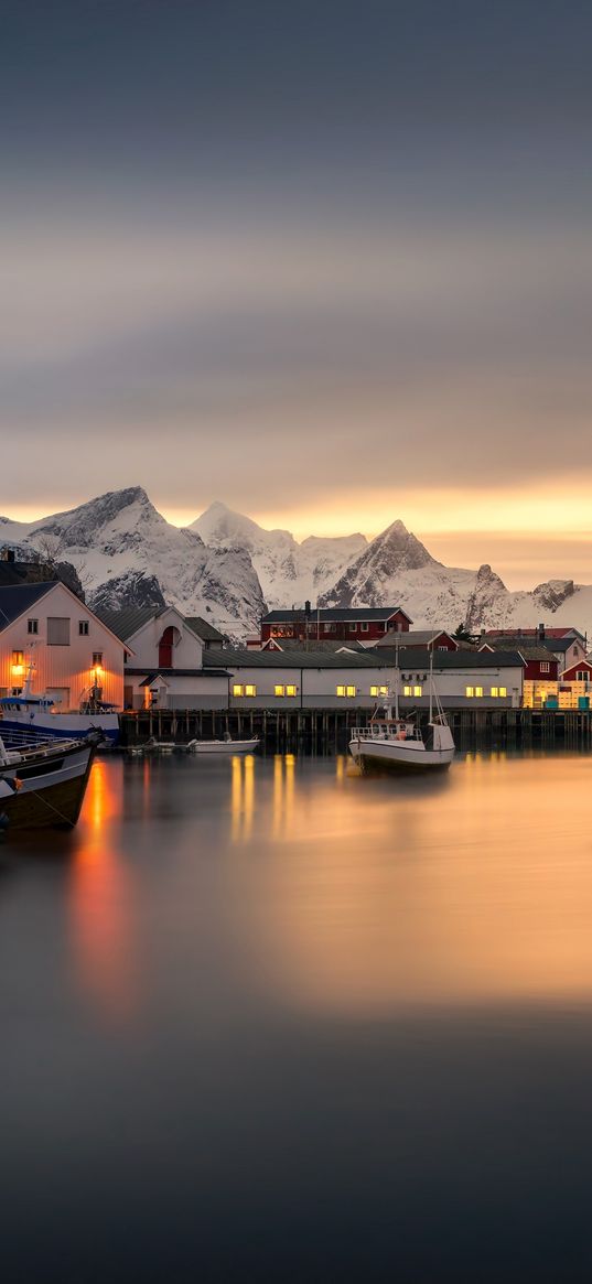 boats, bay, pier, houses, mountains, snow, village, sunset, clouds, sky