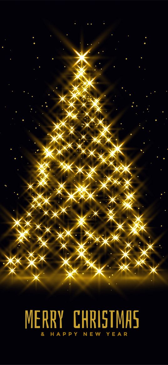 christmas tree, lights, golden, black background, christmas, new year, holiday